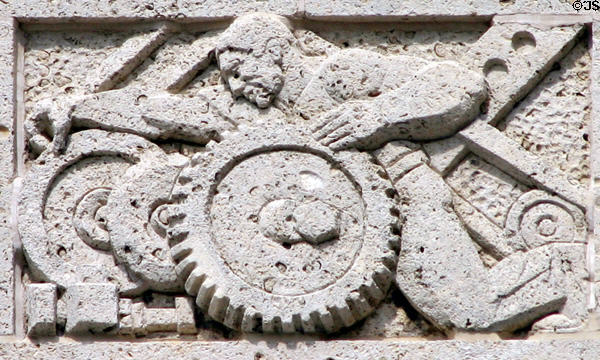 City Hall carving of man with gears. Houston, TX.