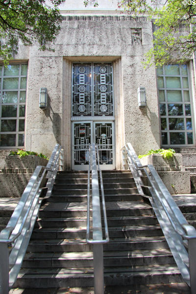 Art Deco side entrance with aluminum grills of Houston City Hall. Houston, TX.