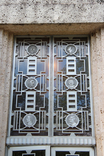 Art Deco aluminum grill great lawgivers of history: Charlemagne, Akhenaton, Moses, King John, Julius Caesar & Thomas Jefferson at Houston City Hall. Houston, TX.