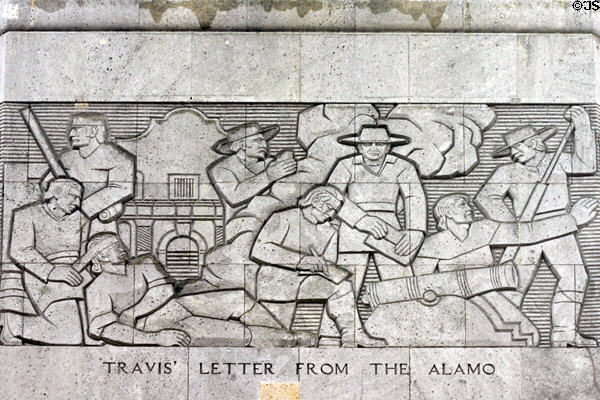 San Jacinto monument relief of Travis' Letter from the Alamo. Houston, TX.