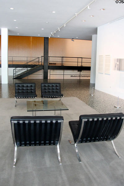 Barcelona chairs (1929) by Ludwig Mies van der Rohe in lobby at Museum of Fine Arts, Houston. Houston, TX.
