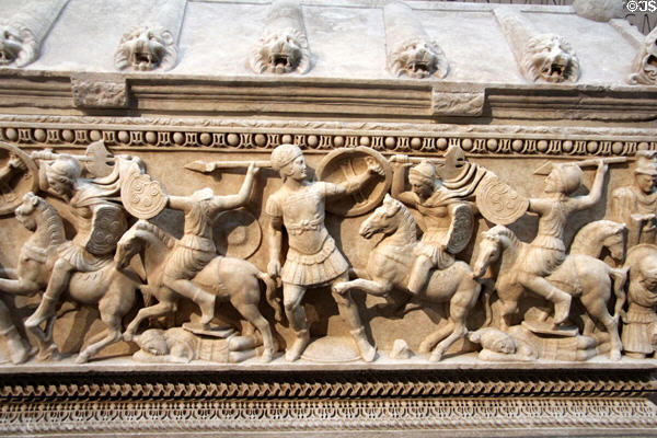 Detail of Roman marble sarcophagus showing battle between soldiers & amazons (140-170) at Museum of Fine Arts, Houston. Houston, TX.