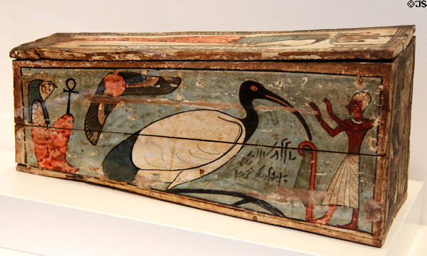 Egyptian wooden coffin painted with sacred ibis of Thoth (305-30 BCE) at Museum of Fine Arts, Houston. Houston, TX.