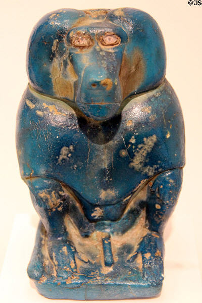 Egyptian Thoth, god of writing & knowledge as a baboon faience statue (664-525 BCE) at Museum of Fine Arts, Houston. Houston, TX.