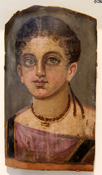 Painted wooden Egyptian mummy portrait of young girl (30 BCE-200 CE) at Museum of Fine Arts, Houston. Houston, TX.