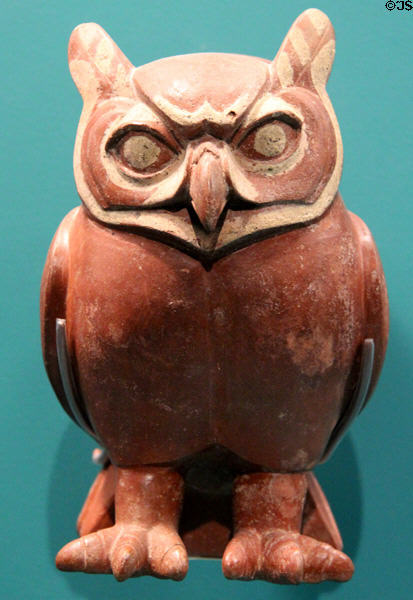 Moché ceramic owl jar (100-800) at Museum of Fine Arts, Houston. Houston, TX.