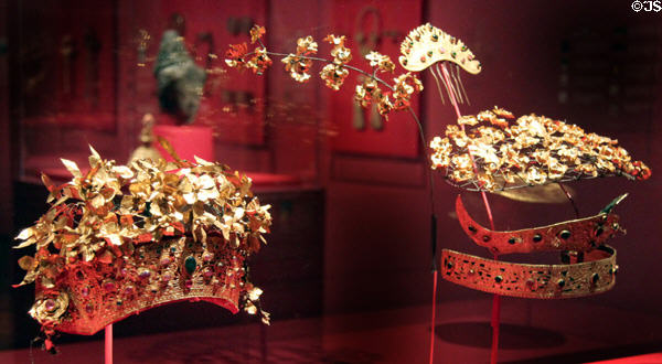 Gold & jeweled crowns (19th-20thC) from Island of Bali at Museum of Fine Arts, Houston. Houston, TX.