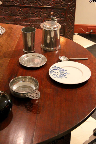 Early American (c1620-1730) table object including silver tankard, beaker & porringer in Murphy room at Bayou Bend. Houston, TX.