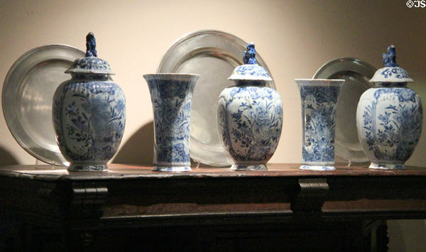Porcelain urns & beakers plus pewter plates in Murphy room at Bayou Bend. Houston, TX.