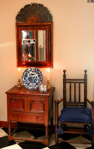 Early American (c1620-1730) furniture, mirror, cabinet & great chair in Murphy room at Bayou Bend. Houston, TX.