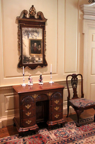 Bureau table (c1770) attrib.to shop of John Townsend of Newport, RI under early-American mirror in drawing room at Bayou Bend. Houston, TX.