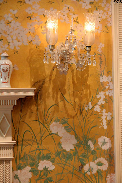 Dining room hand-painted wallpaper (1927-8) by William MacKay of New York & sconces at Bayou Bend. Houston, TX.