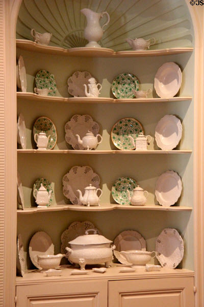 Corner cabinet with English salt-glazed stoneware (18thC) & Spode porcelain (19thC) at Bayou Bend. Houston, TX.