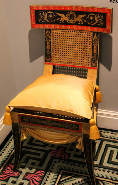 Greek klismos-form side chair (1808) by Benjamin Henry Latrobe & George Bridport with caned back at Bayou Bend. Houston, TX.