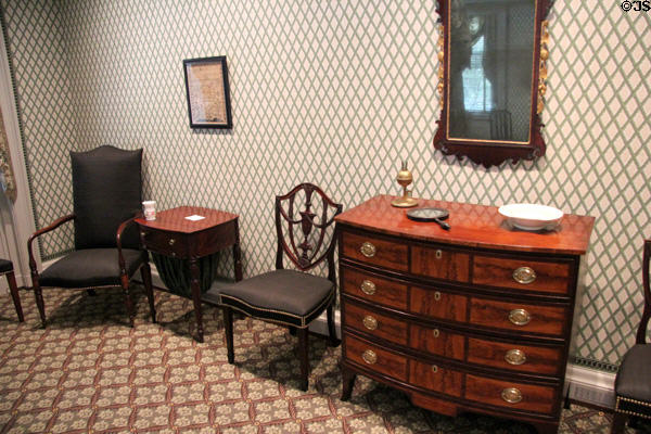 Chairs, ladies worktable & chest of drawers from Massachusetts in McIntire bedroom at Bayou Bend. Houston, TX.