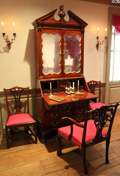 Mahogany desk & bookcase (1780-1800) from Boston, MA in Chippendale bedroom at Bayou Bend. Houston, TX.
