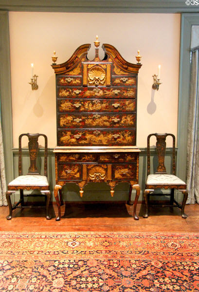 High Chest of Drawers (1730-60) from Boston, MA japanned to imitate Asian lacquer in Queen Anne Suite at Bayou Bend. Houston, TX.