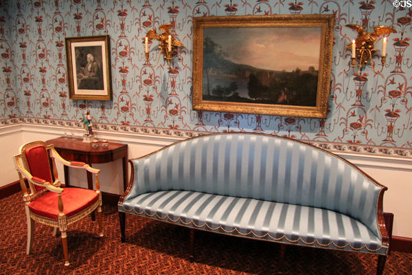 Neoclassical style (1790-1810) sofa, chair & artwork in Federal Parlor at Bayou Bend. Houston, TX.