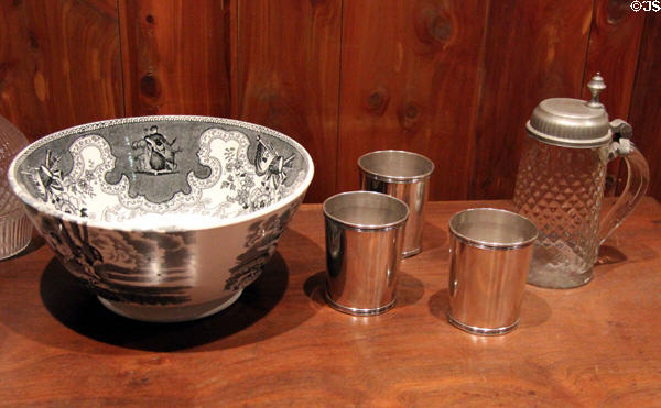 Staffordshire Texian Campaigne bowl with silver beakers & glass beer stein at Bayou Bend. Houston, TX.