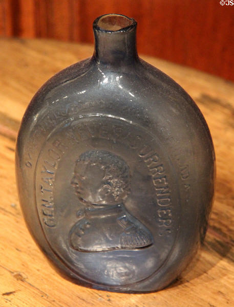 General Taylor Never Surrenders glass flask (c1848) by Dyottville Glass Works of Philadelphia at Bayou Bend. Houston, TX.
