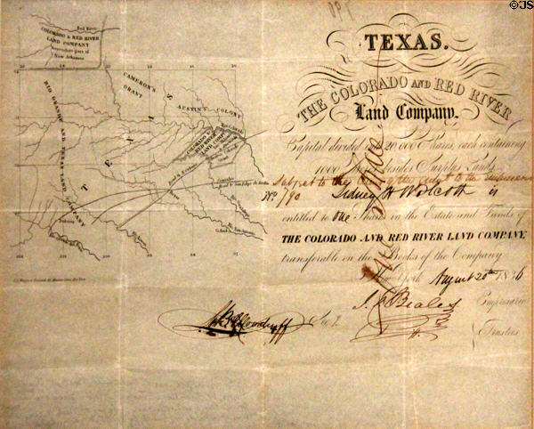 Share in the Colorado and Red River Land Co. (1836 ) at Kellum-Noble House at Sam Houston Park. Houston, TX.