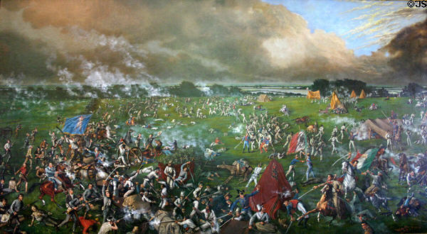 Painting of Battle of San Jacinto on April 21, 1836 by H.A. McArdle in Senate of State Capitol celebrating Triumph of Texas Independence & Retributive Justice. Austin, TX.