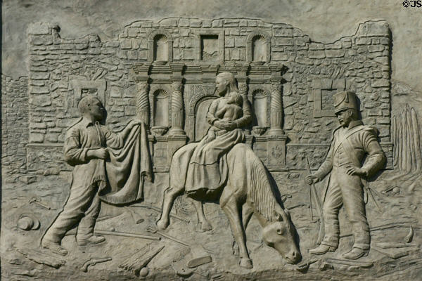 Sculpted history panel of story of Alamo by Michael O'Brien on Texas State History Museum. Austin, TX.