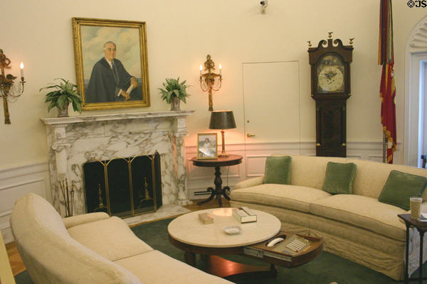 Lyndon B. Johnson Library replica of LBJ's Oval Office with portrait of Franklin Roosevelt. Austin, TX.
