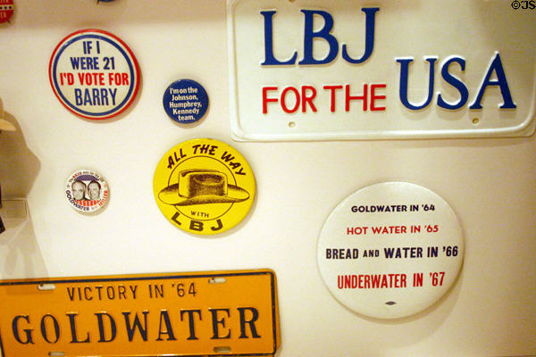 Lyndon B. Johnson Library campaign buttons supporting LBJ & opponent Barry Goldwater. Austin, TX.