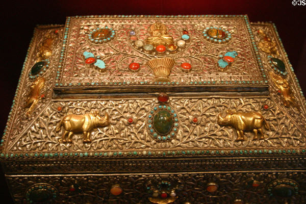 Lyndon B. Johnson Library gift to LBJ of box with precious stones & sculpted Asian Rhinos from King of Nepal. Austin, TX.