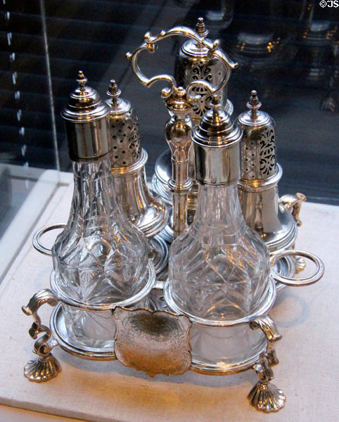 Silver cruet stand of Warwick type with coat of arms (c1750) by William Townsend of Dublin at San Antonio Museum of Art. San Antonio, TX.