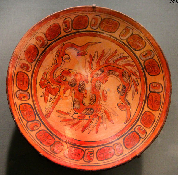 Mayan earthenware platter with serpent motif (c700-900) from Campeche, Mexico at San Antonio Museum of Art. San Antonio, TX.