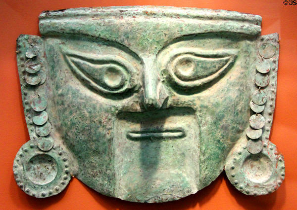 Chimu culture copper mask (1200) from North Coast Peru at San Antonio Museum of Art. San Antonio, TX.