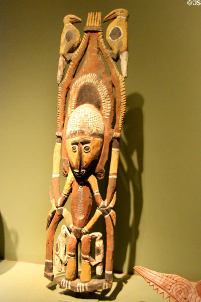 Carved wood female ancestor figure (early 20th C) by Abelam people of Maprik region of Papua New Guinea at San Antonio Museum of Art. San Antonio, TX.