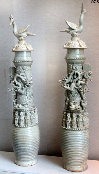 Song / Yuan dynasty porcelain Qingbai ware urns with dragons (13th-14thC) from China at San Antonio Museum of Art. San Antonio, TX.