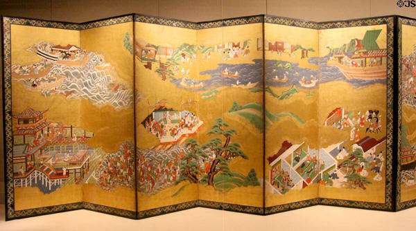 Japanese screen with story of Great Woven Cap from Edo period (early 18thC) at San Antonio Museum of Art. San Antonio, TX.