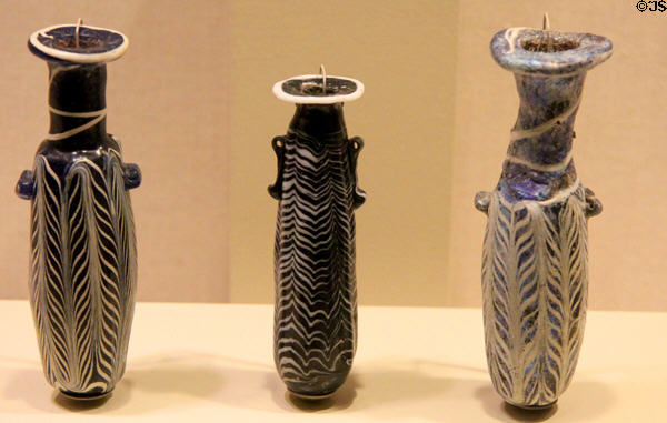 Core-formed glass perfume alabastra (6th-1stC BCE) from Eastern Mediterranean at San Antonio Museum of Art. San Antonio, TX.