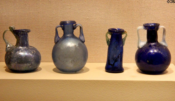 Free-blown cobalt blue glass vessels (1st-2ndC CE) from Eastern Mediterranean at San Antonio Museum of Art. San Antonio, TX.