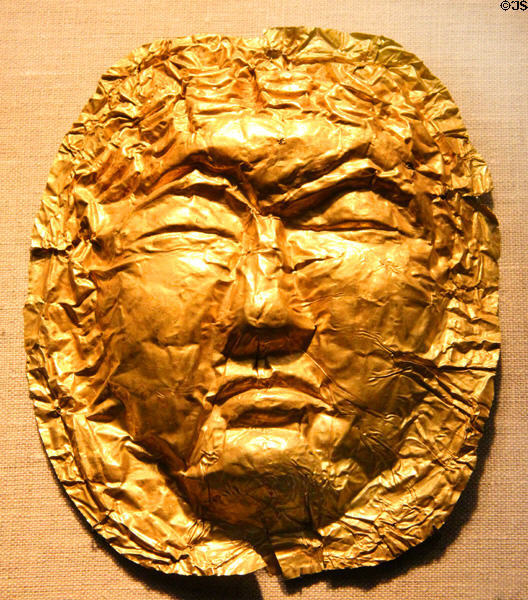 Greek gold miniature funerary mask (3rd-1st C BCE) at San Antonio Museum of Art. San Antonio, TX.