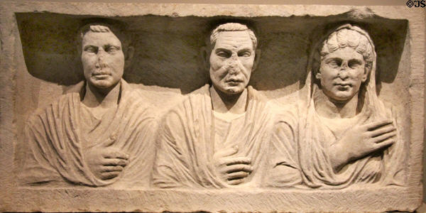 Roman marble funerary relief for two men & a woman (late 1stC BCE-early 1stC CE) at San Antonio Museum of Art. San Antonio, TX.