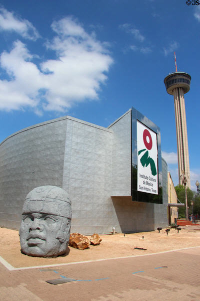 Mexican Cultural Institute with replica Olmec head at HemisFair Park. San Antonio, TX.
