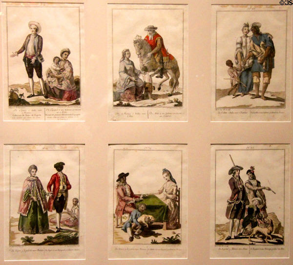Castas engravings (c1784) showing classes based on mixtures of European, Indian & African heritage in Spanish colonies at Institute of Texan Cultures. San Antonio, TX.