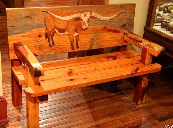 Bench painted with longhorn at Buckhorn Museum. San Antonio, TX.