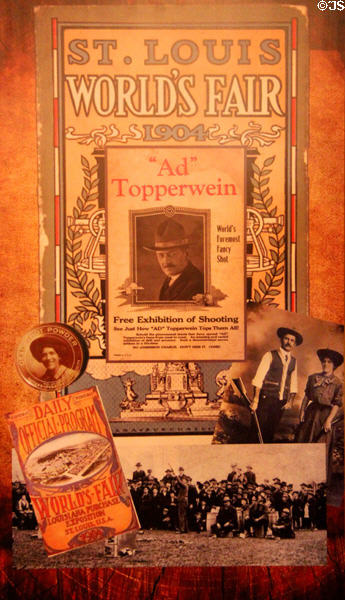 St Louis World's Fair poster (1904) featuring shooting exhibition by "Ad" Topperwein at Buckhorn Museum. San Antonio, TX.