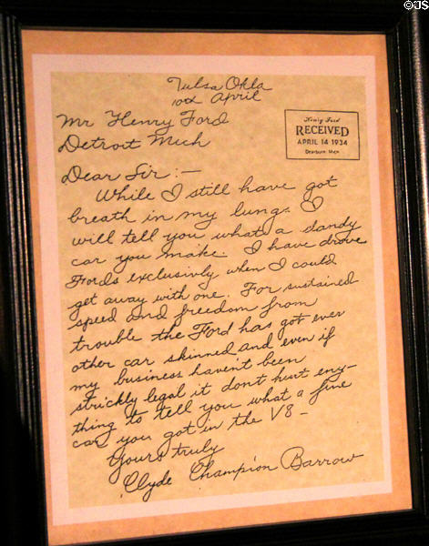 Letter (April, 1934) sent by outlaw Clyde Barrow to Henry Ford recommending the Fords as a fine getaway cars at Buckhorn Museum. San Antonio, TX.