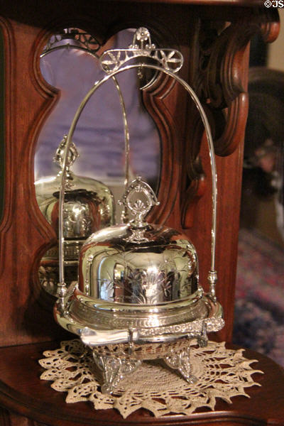 Silver butter dish with ice well given as a trophy (1892) to Albert Steves at Edward Steves Homestead Museum. San Antonio, TX.