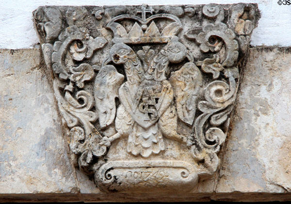 Keystone (1749) with coat-of-arms of Spanish King Ferdinand VI above entrance of Spanish Governor's Palace. San Antonio, TX.