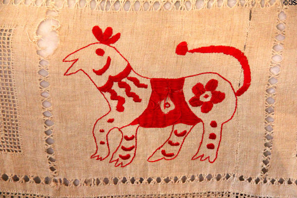 Embroidered animal on coverlet at Spanish Governor's Palace. San Antonio, TX.
