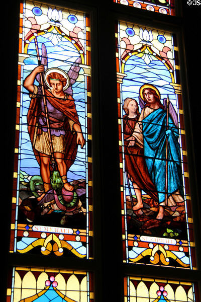 Stained glass windows of St Michael & St Raphael at San Fernando Cathedral. San Antonio, TX.