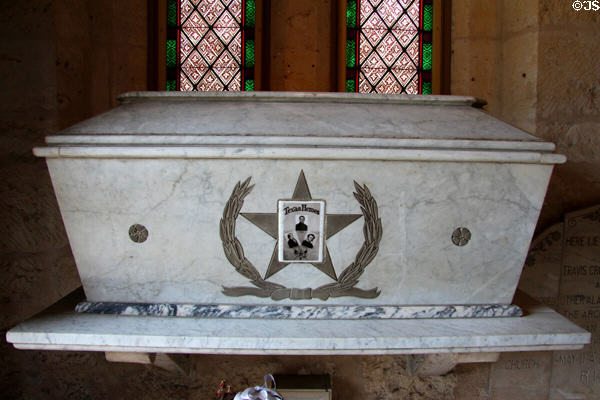 Tomb of Alamo Texas Heroes Davy Crockett, William B. Travis & Jim Bowie at San Fernando Cathedral. San Antonio, TX.